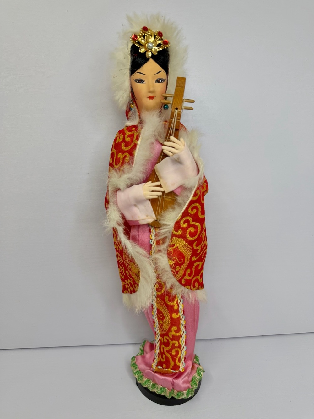 Vintage Chinese Silk Opera Doll 15" Geisha Woman Holding Pipa Lute Instrument
